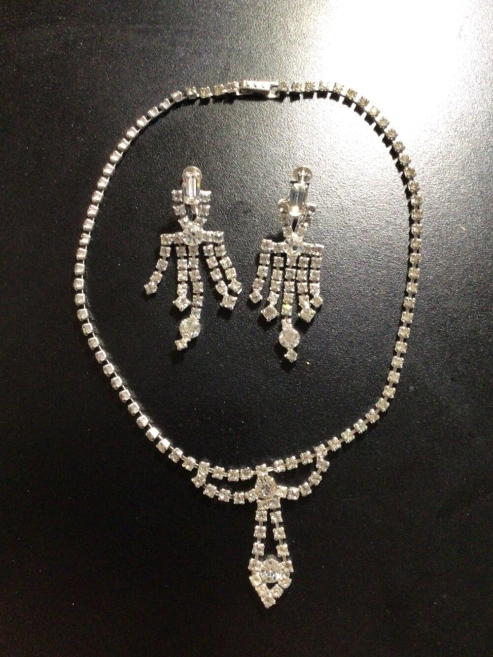 Vintage Rhinestone Teardrop Choker Necklace and Screw back Earrings